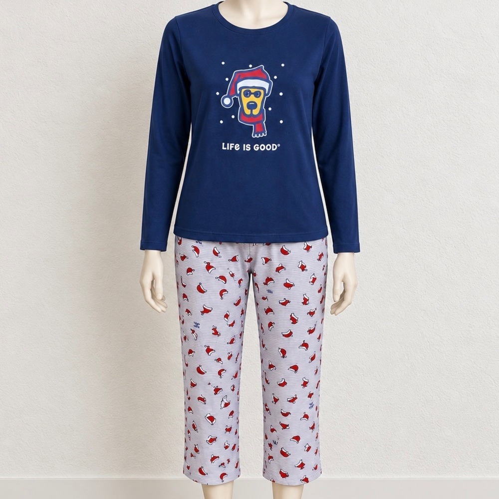 Life is Good Sleep Womens Medium Pajama Set Navy Santa Dog Christmas 2 Piece M
